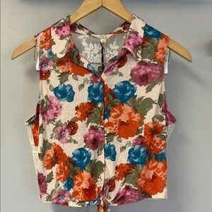 Iris Multicolor Cropped Floral Sleeveless Lace Back Blouse Sz L